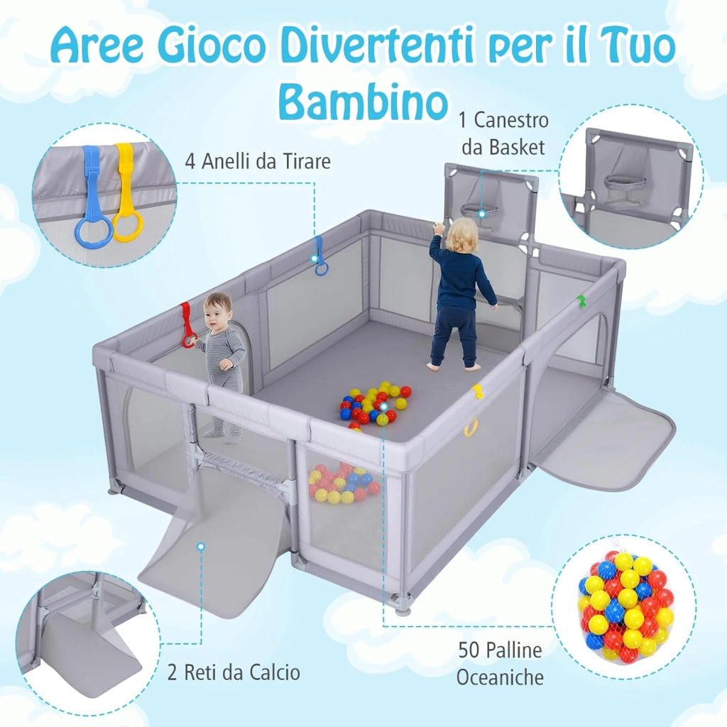 Box Neonati 210 x 150 cm, Recinto Bambini Pieghevole con Canestro da Basket e 2 Porte da Calcio, Parco Giochi con 50 Palline, 4 Anelli e Borsa Trasporto, per Bambini 0-3 Anni (Grigio)