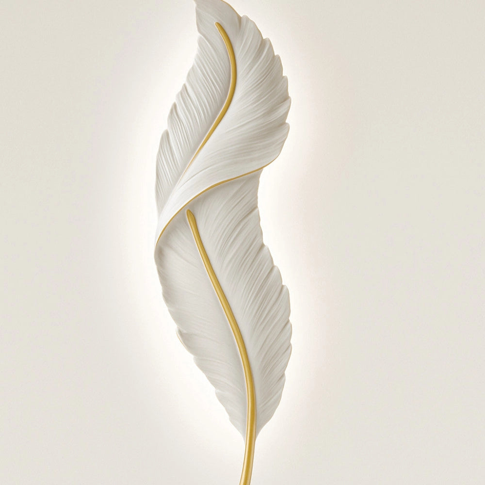 Trade Shop - Applique Led Lampada Muro 12w Cct 3 Tonalità Luce Design Piuma Bianca Oro Resina Aq24-b3c -