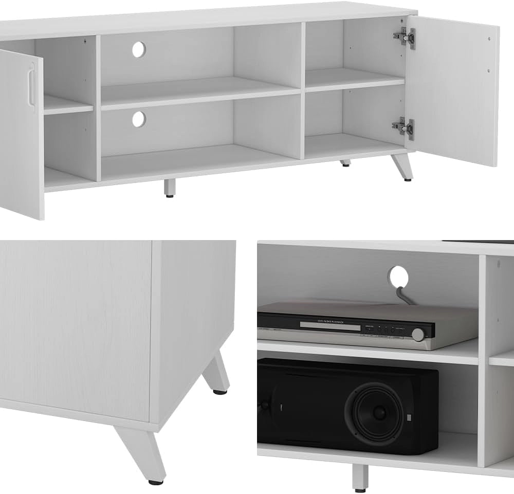 Lowboard Maceio, Bianco, 160 x 54.5 cm con 2 porte, adatto per l'installazione di televisori e dispositivi multimediali