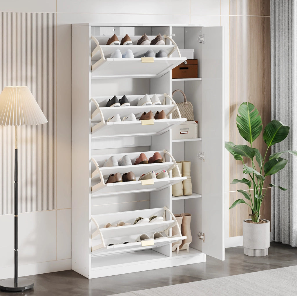 Scarpiera con specchio e 4 scomparti estraibili; 80x24x147 cm; bianco