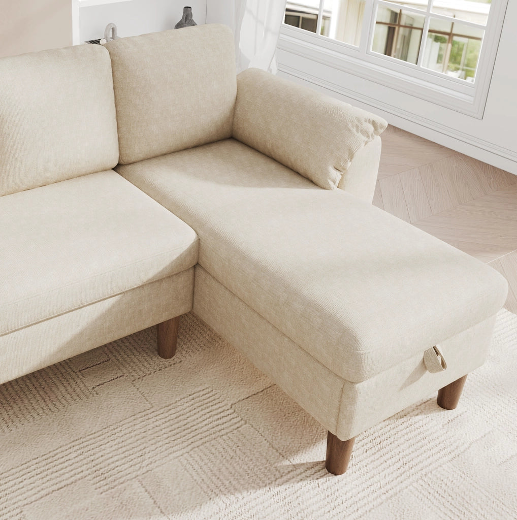 Divano angolare a L 3-4 posti con chaise longue reversibile; USB e Type-C; ciniglia beige