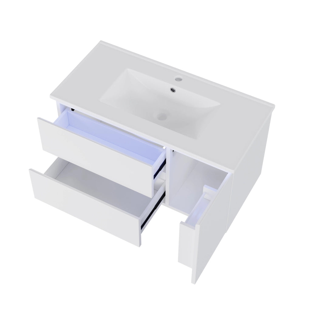 Mobile lavabo sospeso 91,5 cm bianco con LED e lavabo