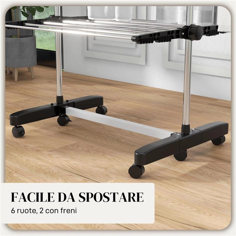 STENDINO VERTICALE CON 4 RIPIANI REGOLABILI, IN ACCIAIO E PLASTICA, 142X55X172 CM, NERO E ARGENTO