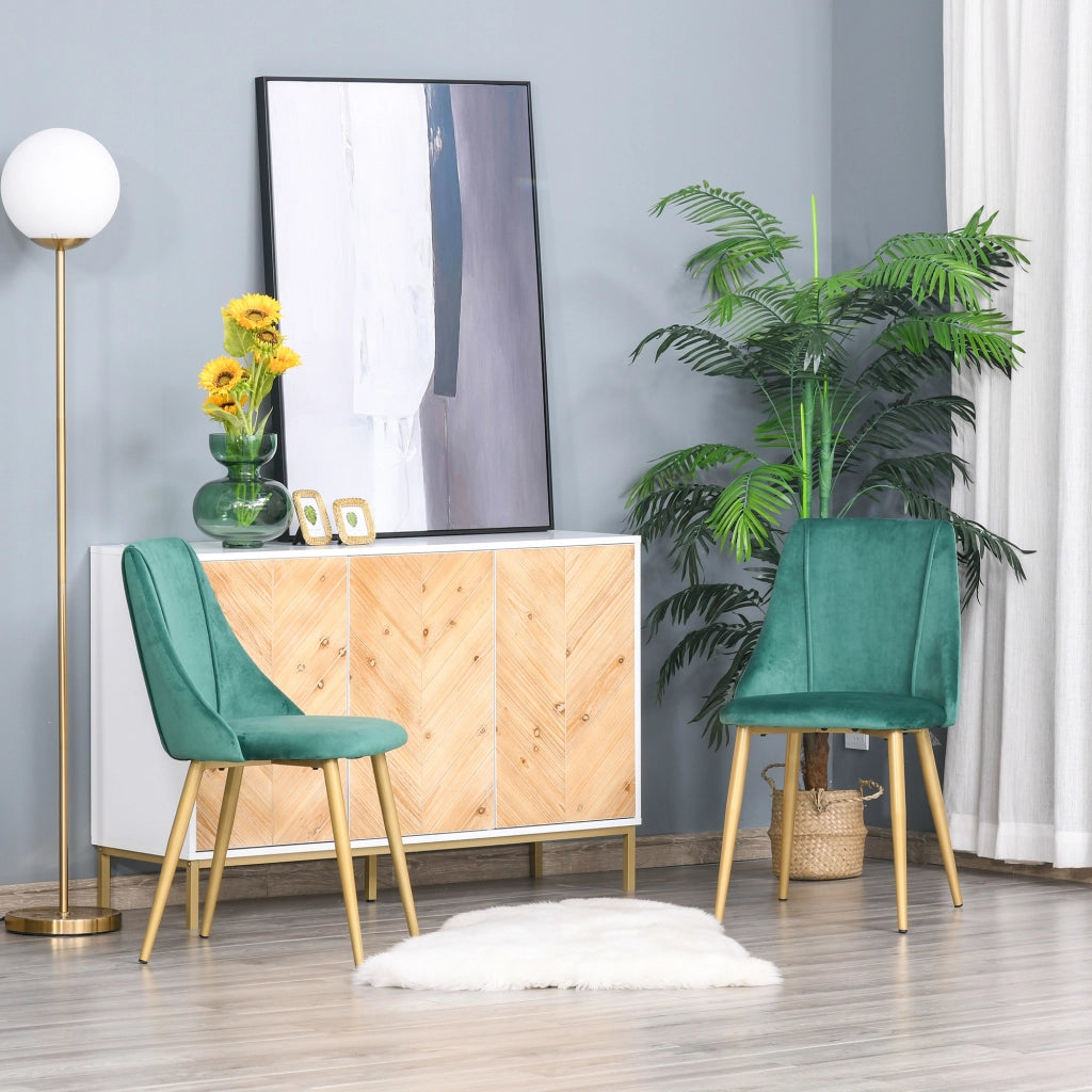 Set 2 Sedie da Pranzo Imbottite con Rivestimento Verde e Gambe in Metallo ¨C Zephmum ¨C 50x56.5x85cm