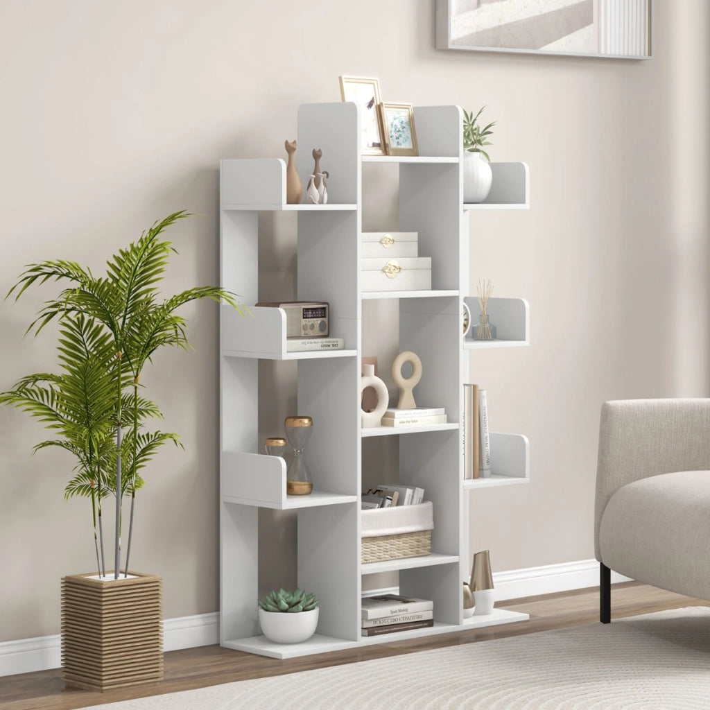 Libreria ad albero decorativo autoportante con 13 ripiani aperti-Scaffale per libri da angolo alta 141cm Bianco