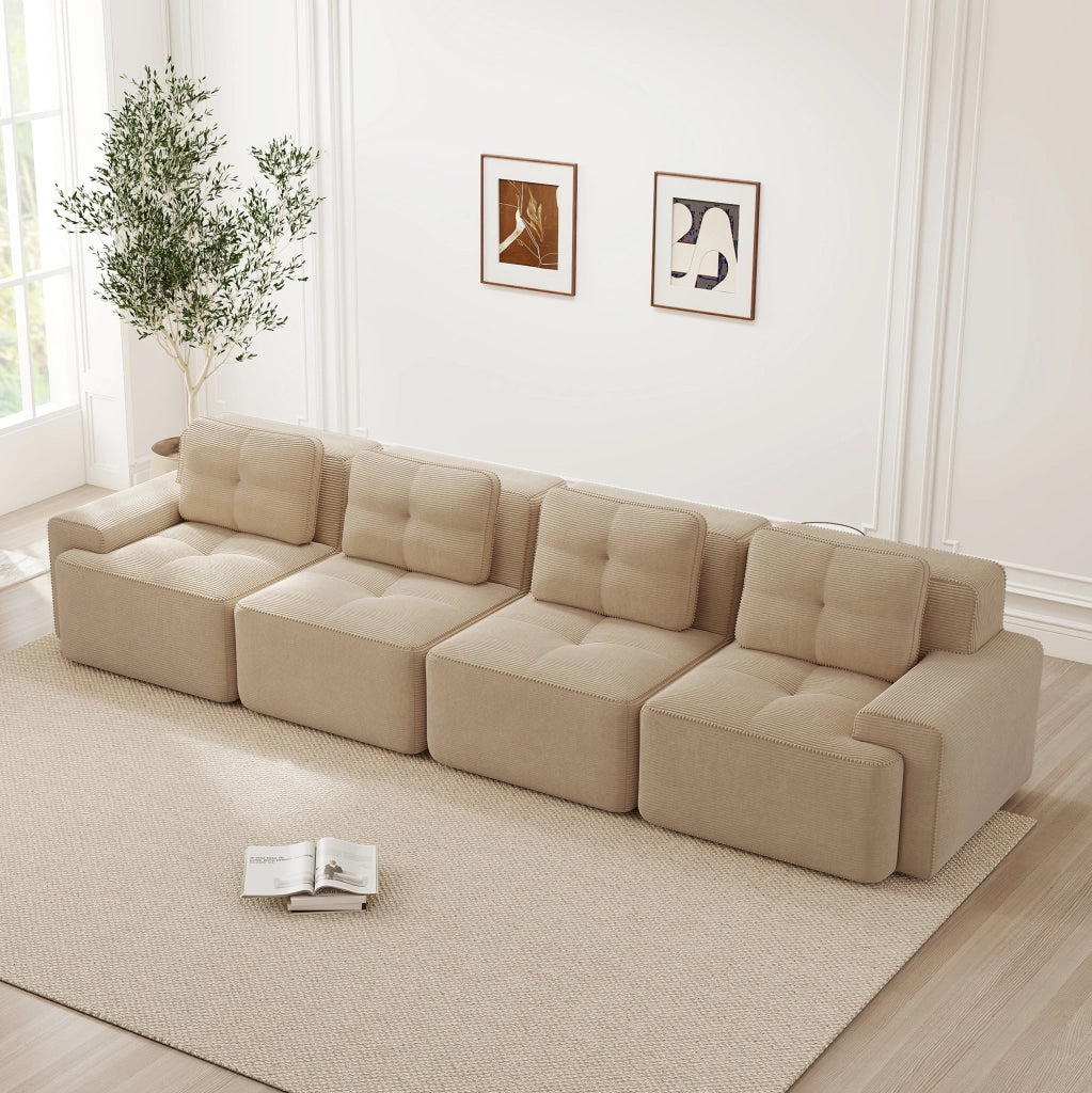 Divano modulare 4 posti in velluto di cotone beige, senza gambe, con seduta profonda e base antiscivolo