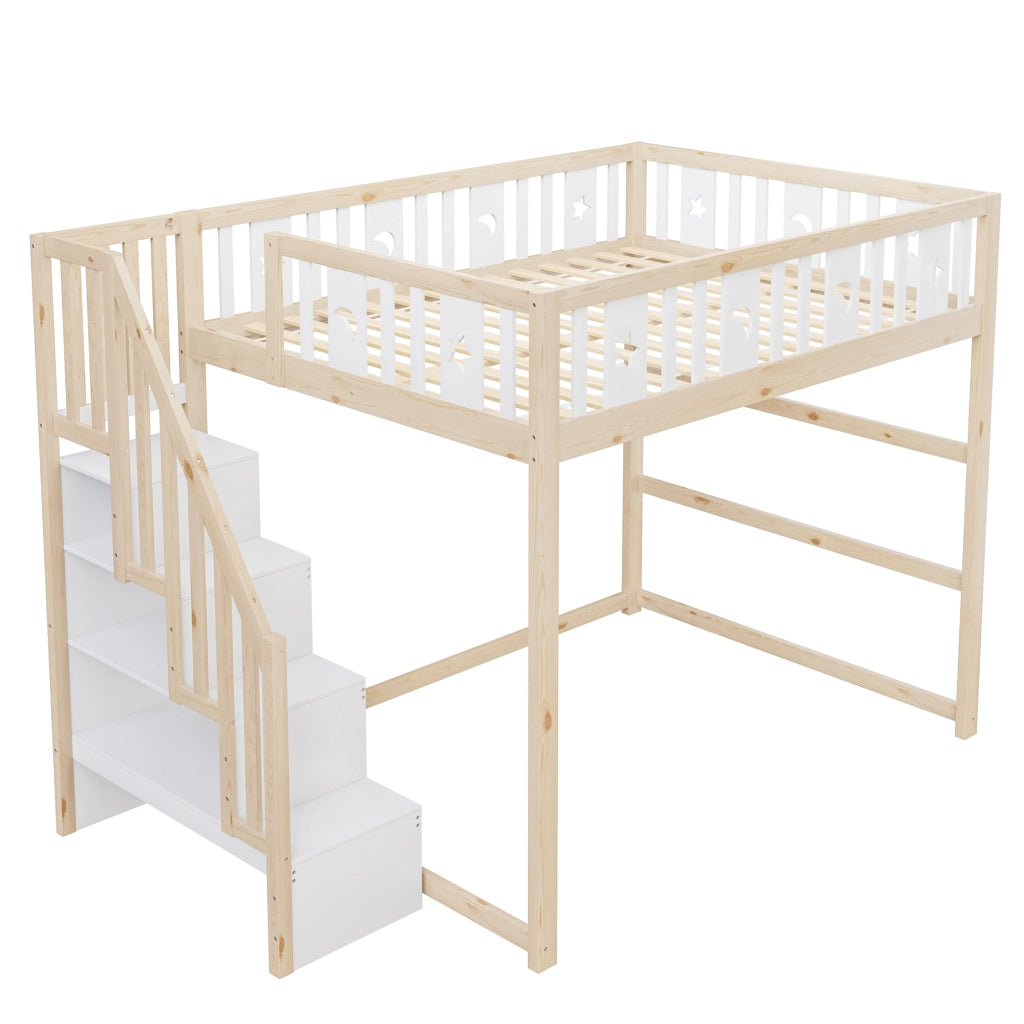 Letto a soppalco per bambini 140 × 200 cm con scala e ripiani, zona divano, senza materasso, legno massiccio bianco naturale