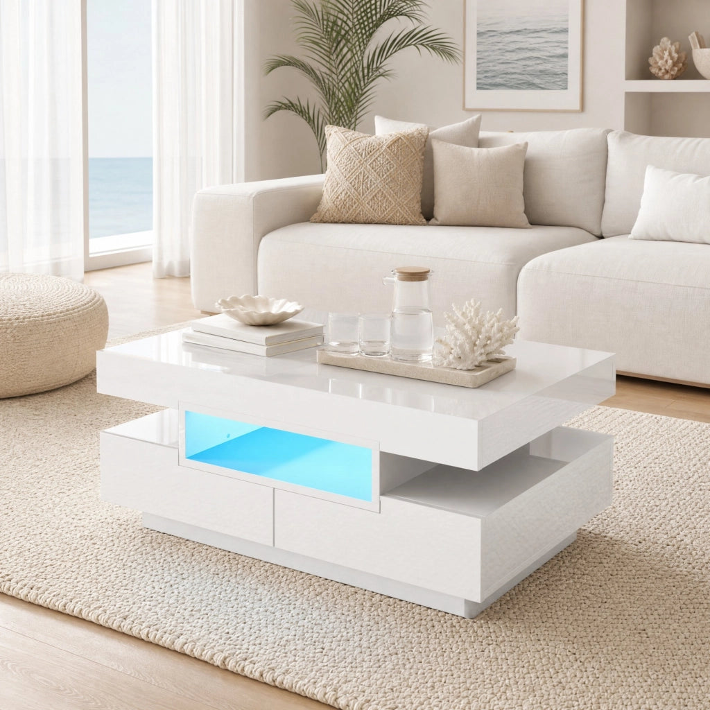 TAVOLO DA CAFFÈ 80x50x36 cm Bianco lucido con LED e 4 cassetti