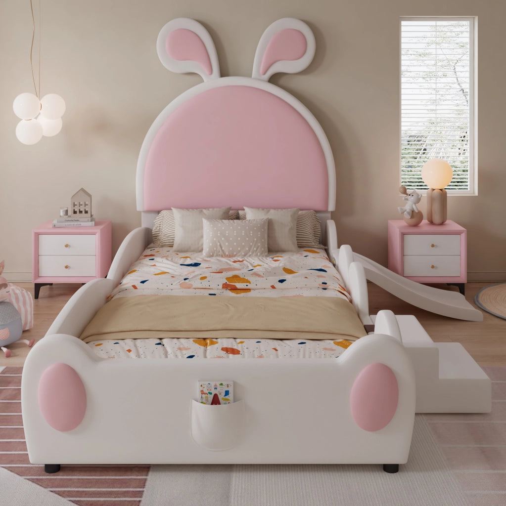 Letto imbottito per bambini con scivolo e scaletta 90x200 cm