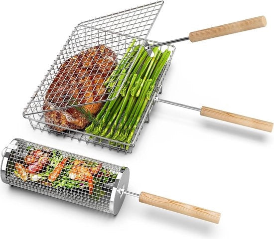 Impastatrice rotante per grigliare con maniglia in legno (una lama e un cerchio), Impastatrice per grigliare, tubo grill per esterno per verdure, griglia cilindrica in acciaio inossidabile