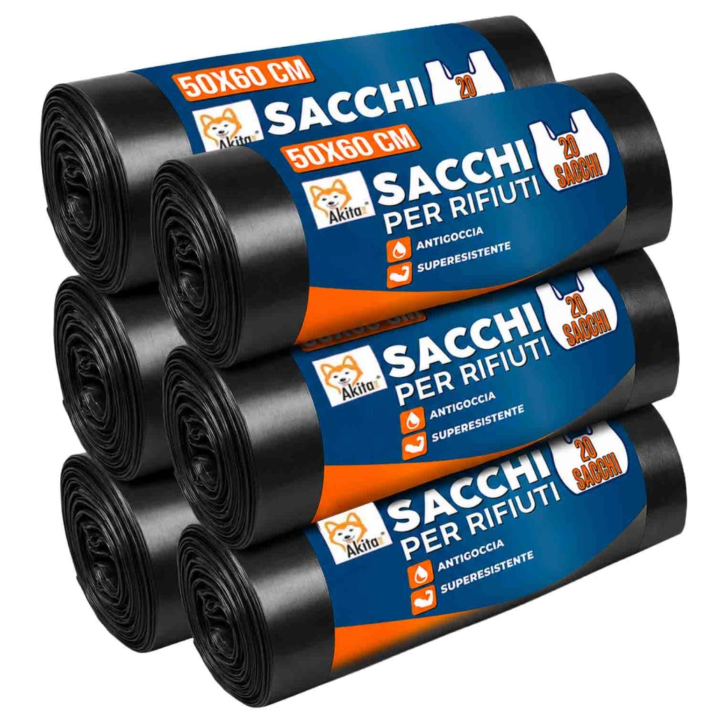 Akitaink 120 Sacchi Spazzatura 50x60 Neri con Legacci