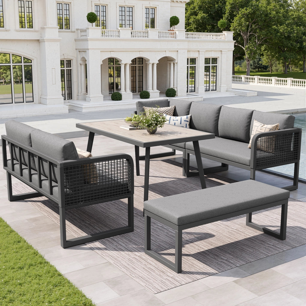 Set divano da giardino; cuscini extra spessi e modularit脿; PE rattan; grigio