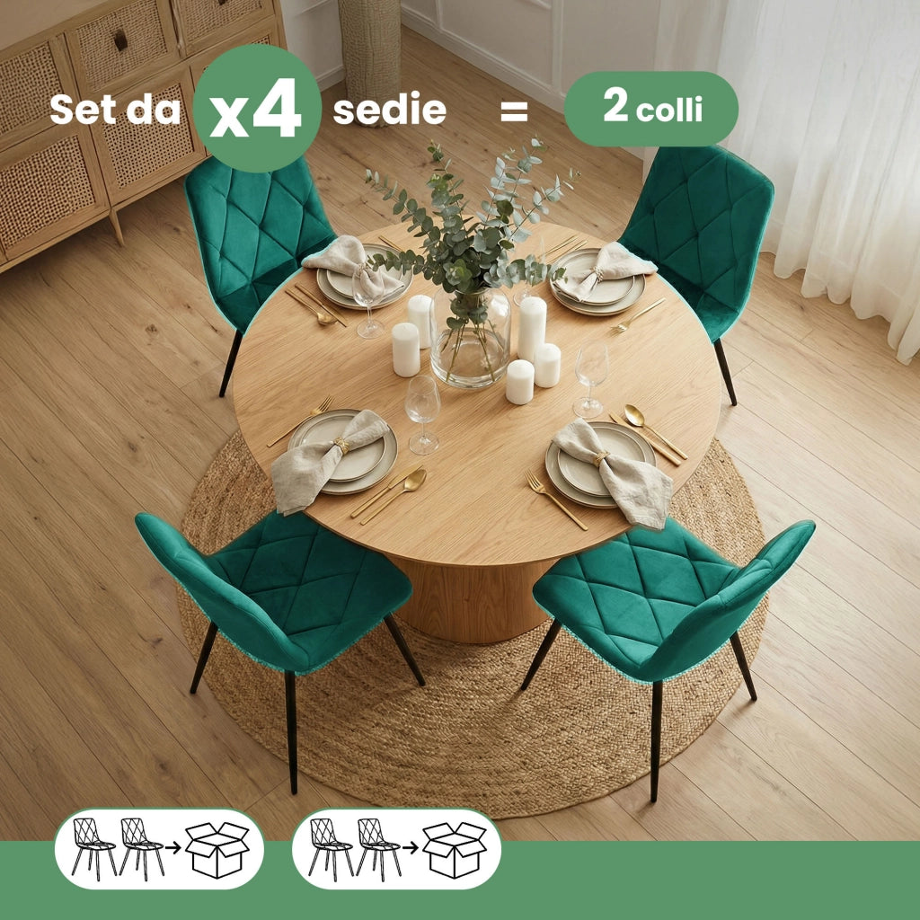 Set di 4 Sedie in velluto trapuntate MILO Verde Bottiglia gambe nere