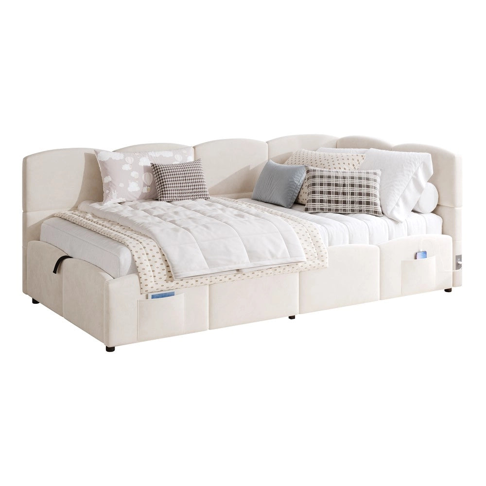 Letto Singolo Imbottito Contenitore con Rete a Doghe ¨C Xylo ¨C Velluto Beige 90x190
