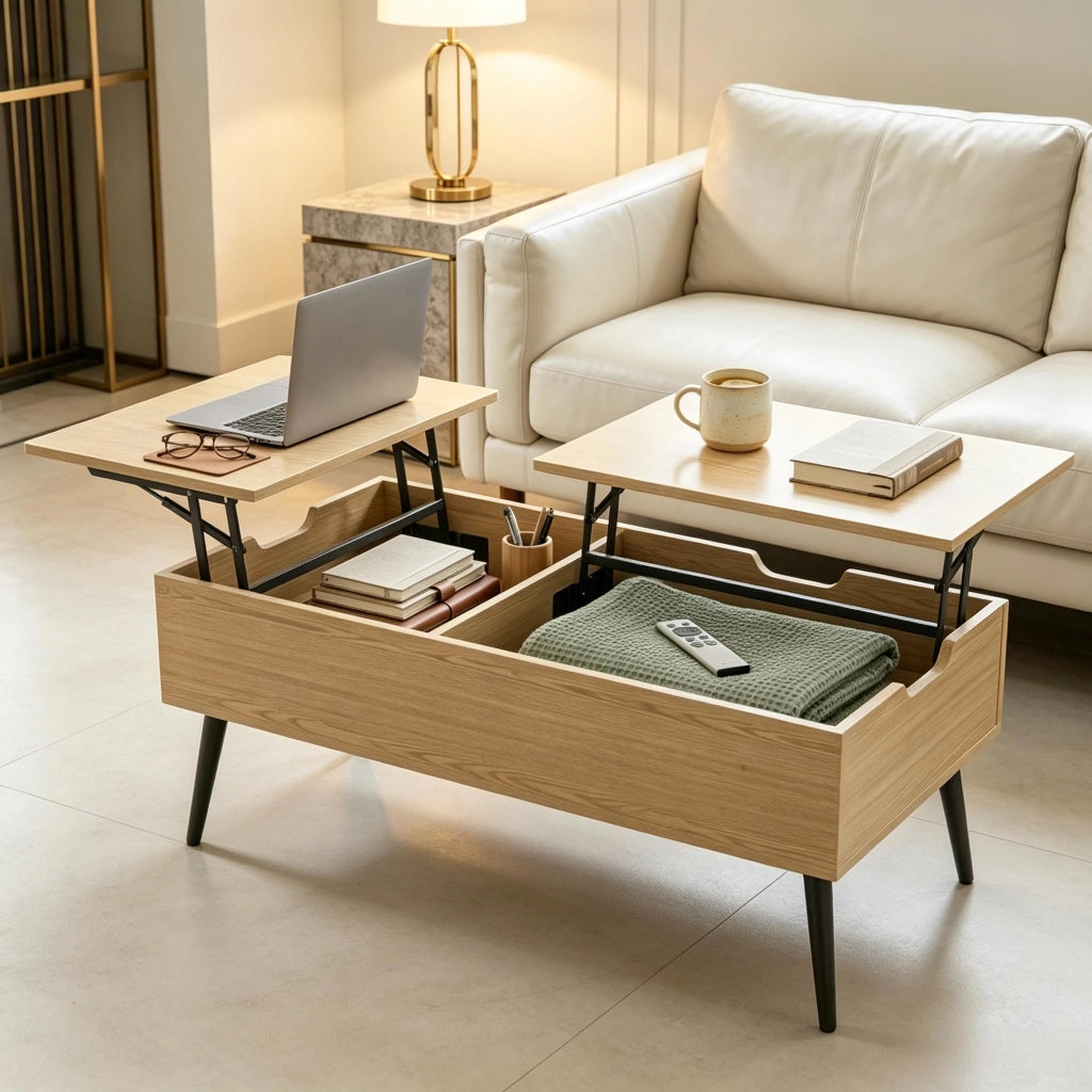 Tavolino basso sollevabile con 2 vani nascosti, per soggiorno e ufficio, nero ed effetto legno, 100 × 50 × 43,6 cm