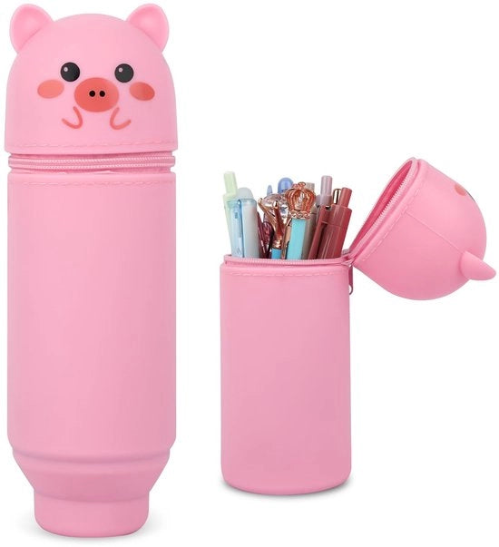 Etui 2-in-1 in silicone morbido, portatile, contenitore per penne cartoon per ragazze e adolescenti (maiale rosa)