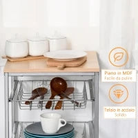 Carrello da Cucina Salvaspazio con 4 Cesti Estraibili in Legno e Acciaio, 36.5x36.5x89 cm, Argento e color Legno