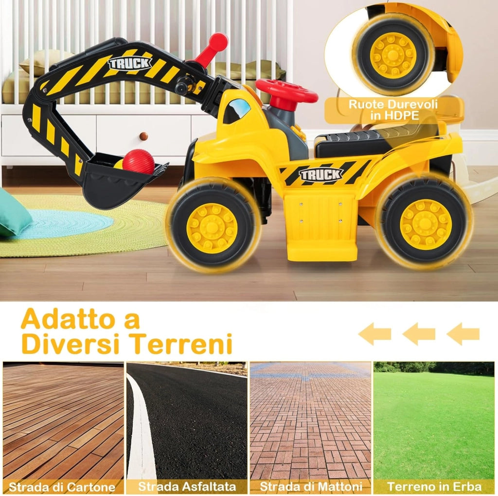 Escavatore Elettrico per Bambini, Ruspa con Vano Clacson ed Effetti Sonori, Canestro da Basket Pieghevole e 3 Palline, Giocattolo per Scavare per Bambini 2 Anni +