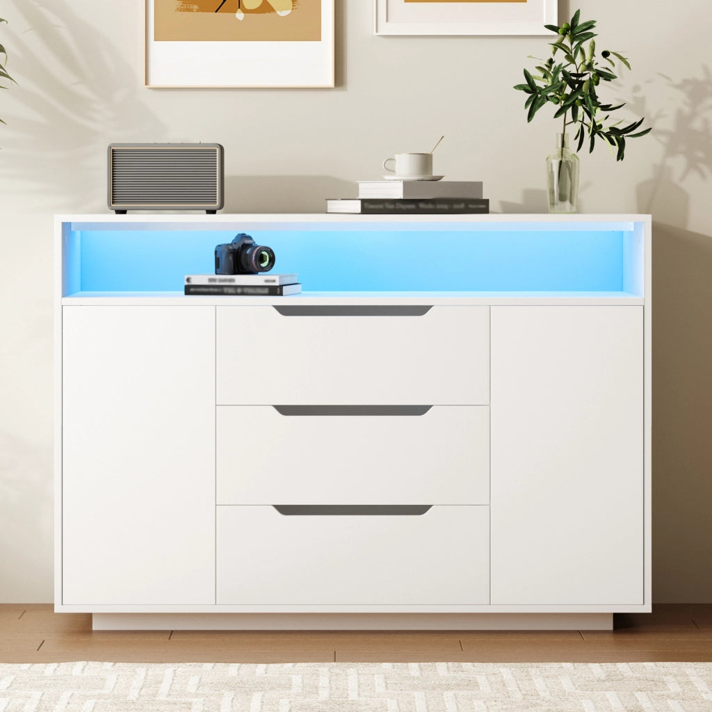 Madia con 3 cassetti; ripiano aperto e LED - per soggiorno - 120×40×85 cm - bianco
