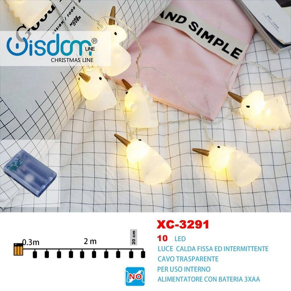 Trade Shop - Catena Luminosa Unicorni 10led A Batteria Luce Calda Fissa+intermittente Xc-3291 -