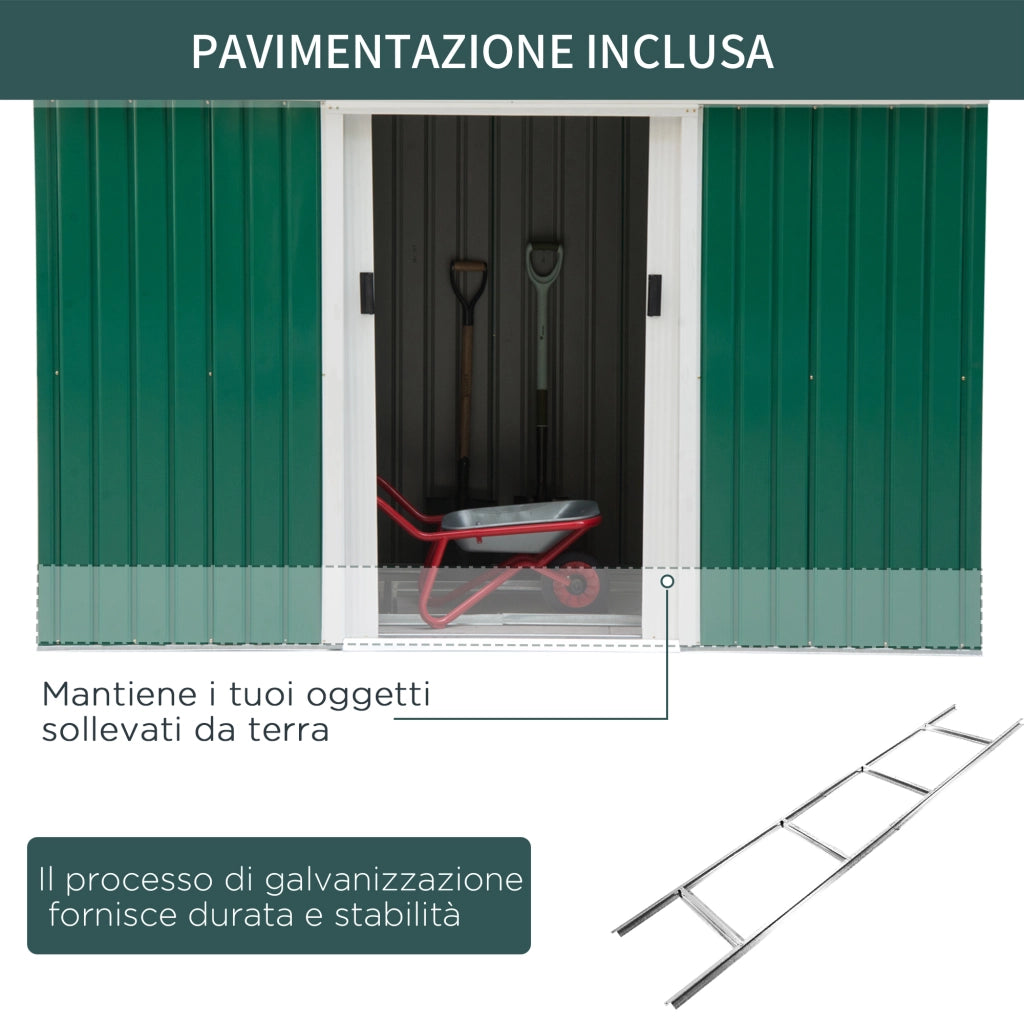 EasyComfort Casetta da Giardino Porta Utensili in Lamiera di Acciaio con Porte Scorrevoli, 280x130x172cm, Verde Scuro