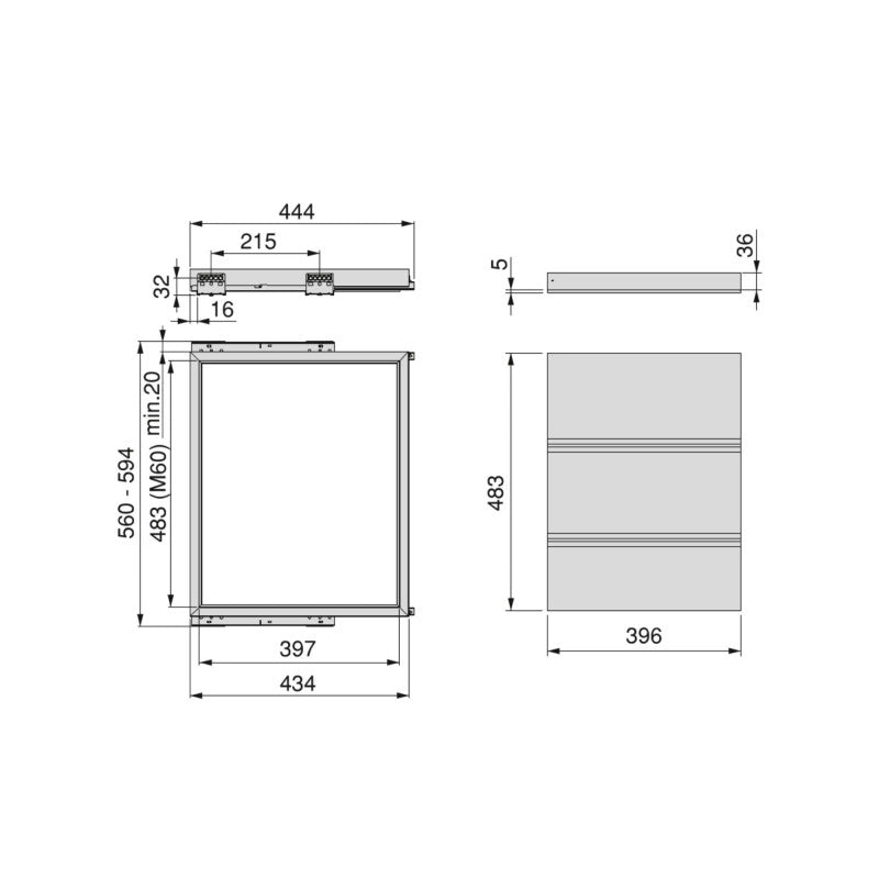 Kit di vassoio metallico e telaio a scorrimento con chiusura ammortizzata per armadio, regolabile, modulo 600 mm, Nero..