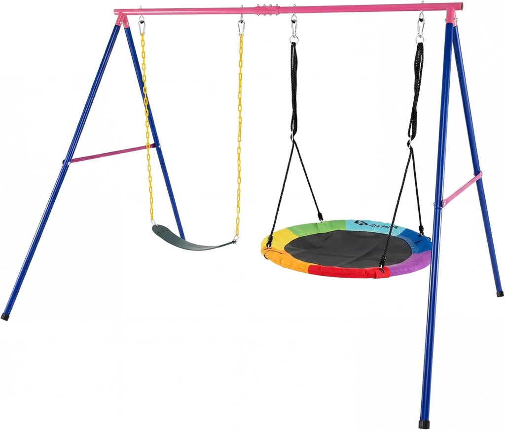 Set Altalena da Giardino per Bambini, Struttura di Metallo ad A con 1 Sedile in EVA Morbido e 1 Altalena Nido, Capacità 300 kg, Ideale per Giardino Parco Giochi (Rosso+Blu, Altalena+Supporto)