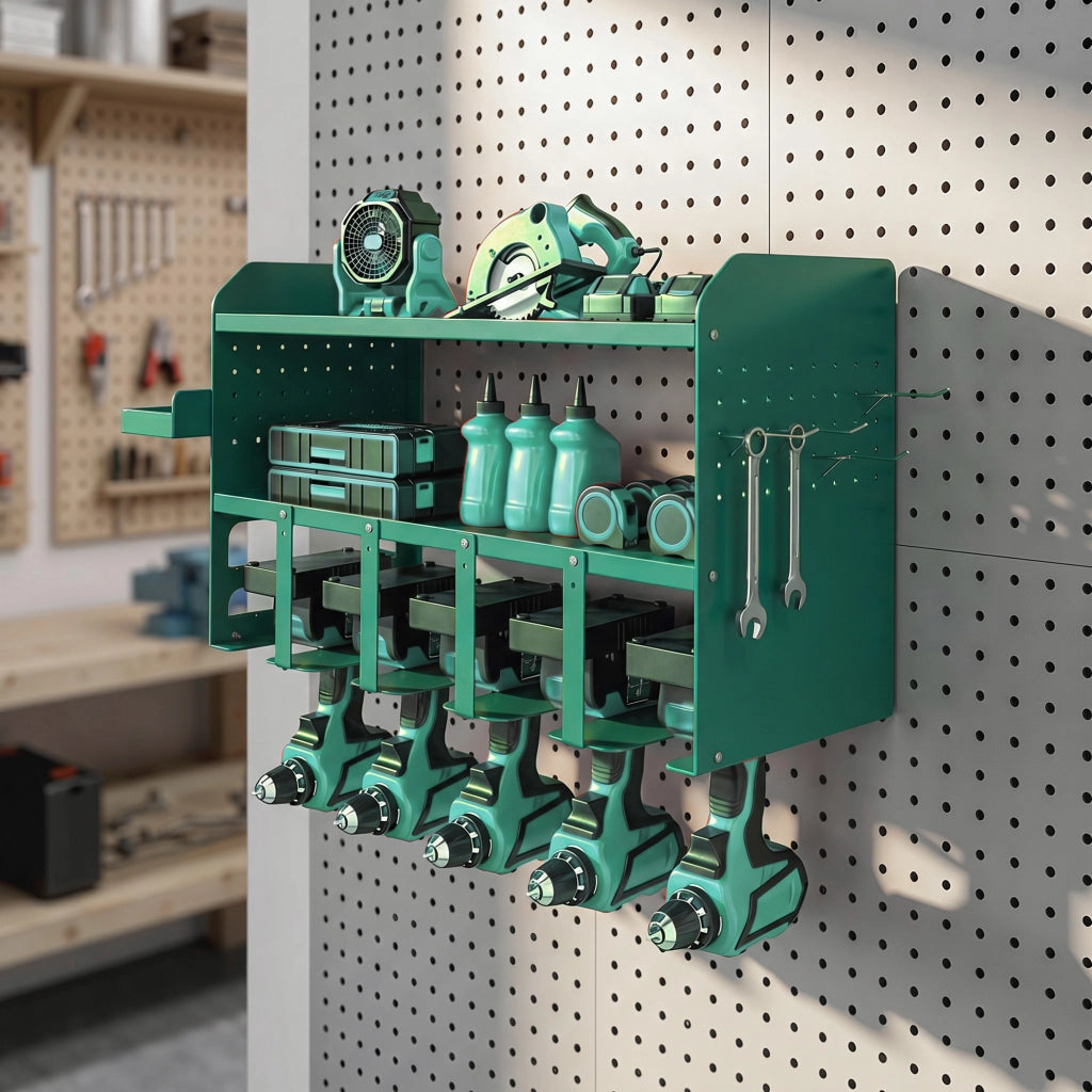 Porta Attrezzi da Parete 61,8x23x32,7 cm con Supporto per 5 Trapani Elettrici e Vassoio Laterale in Metallo Verde