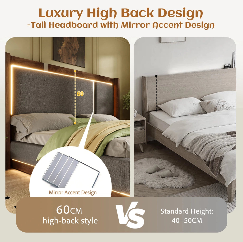 Letto matrimoniale 140x200 cm con contenitore; LED e rete a doghe; grigio e noce