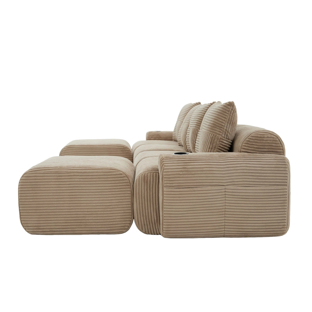 Divano Modulare 4 Posti con Poggiapiedi ¨C MINIMAL ¨C Tessuto, Beige/Khaki, con Portabicchieri