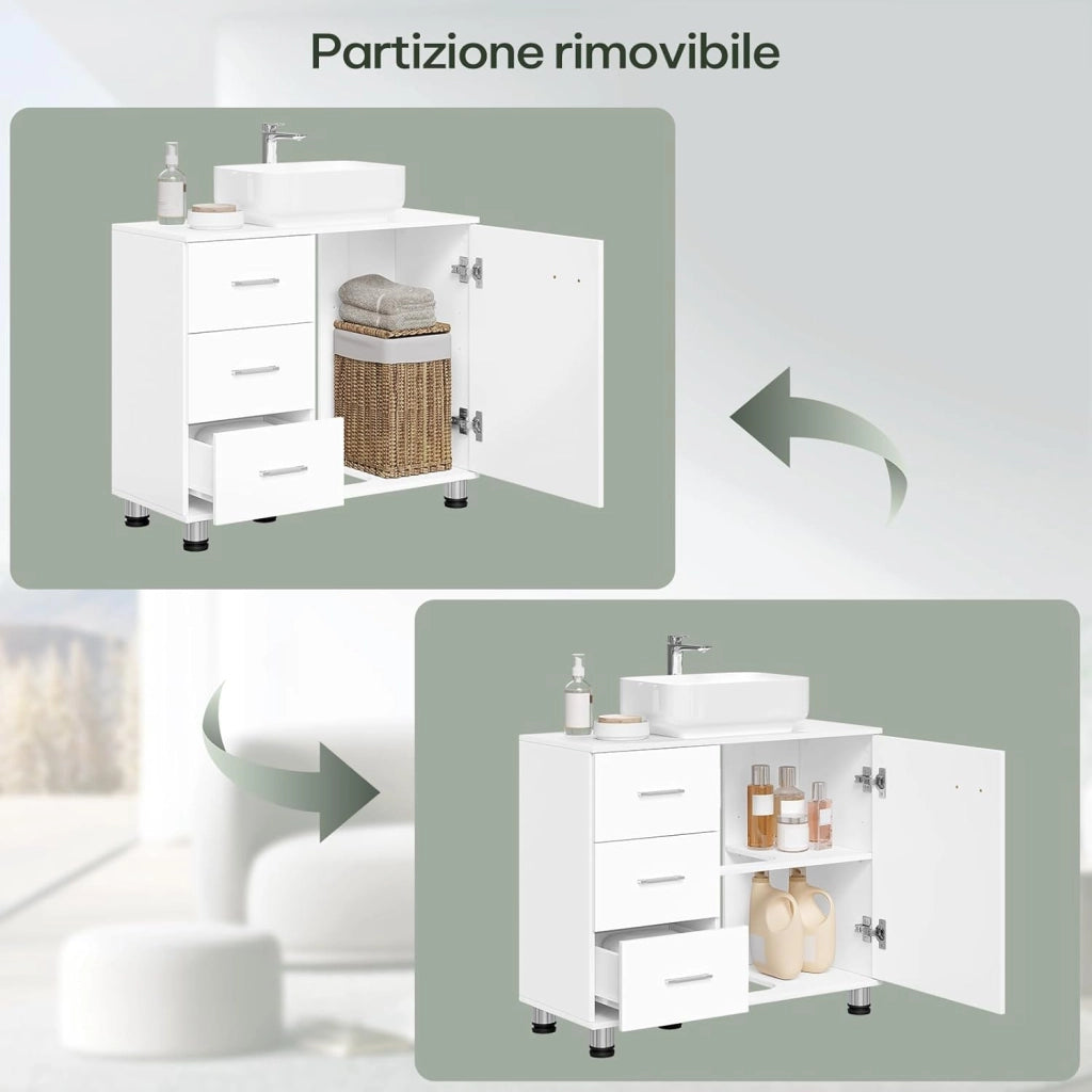 Mobiletto Sotto Lavabo con Ripiano Regolabile, Mobile da Bagno Freestanding con Anta a Cassetto, 70x60x30 cm, Mobiletto da Bagno Bianco