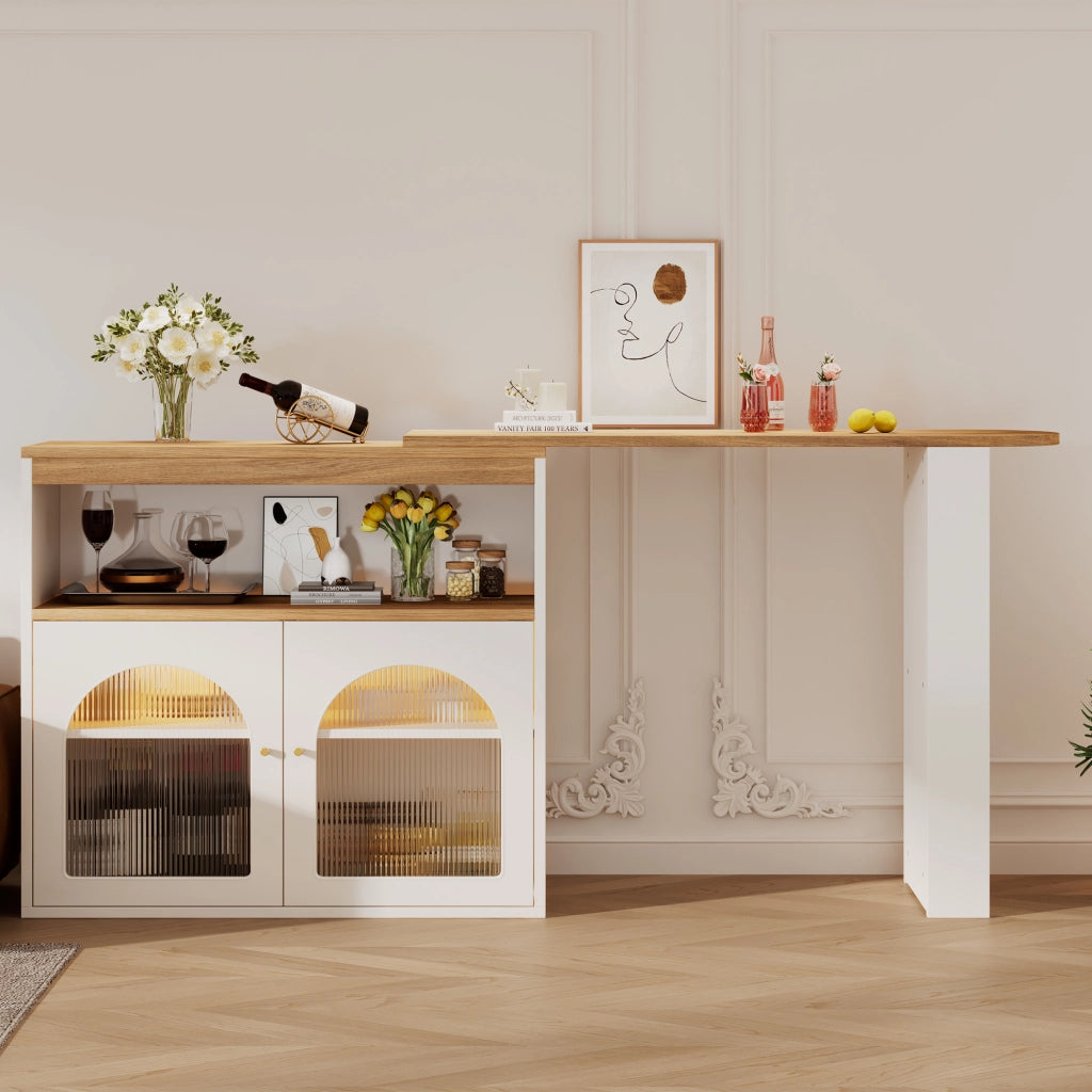 Tavolo da Bar Estensibile con Ripiani a 3 Livelli e LED; Girevole; per Sala da Pranzo; 138-193x39x105 cm; Bianco