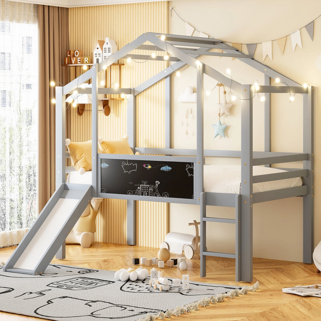 LETTO a soppalco per bambini 90 x 200 cm grigio in legno con scivolo e lavagna