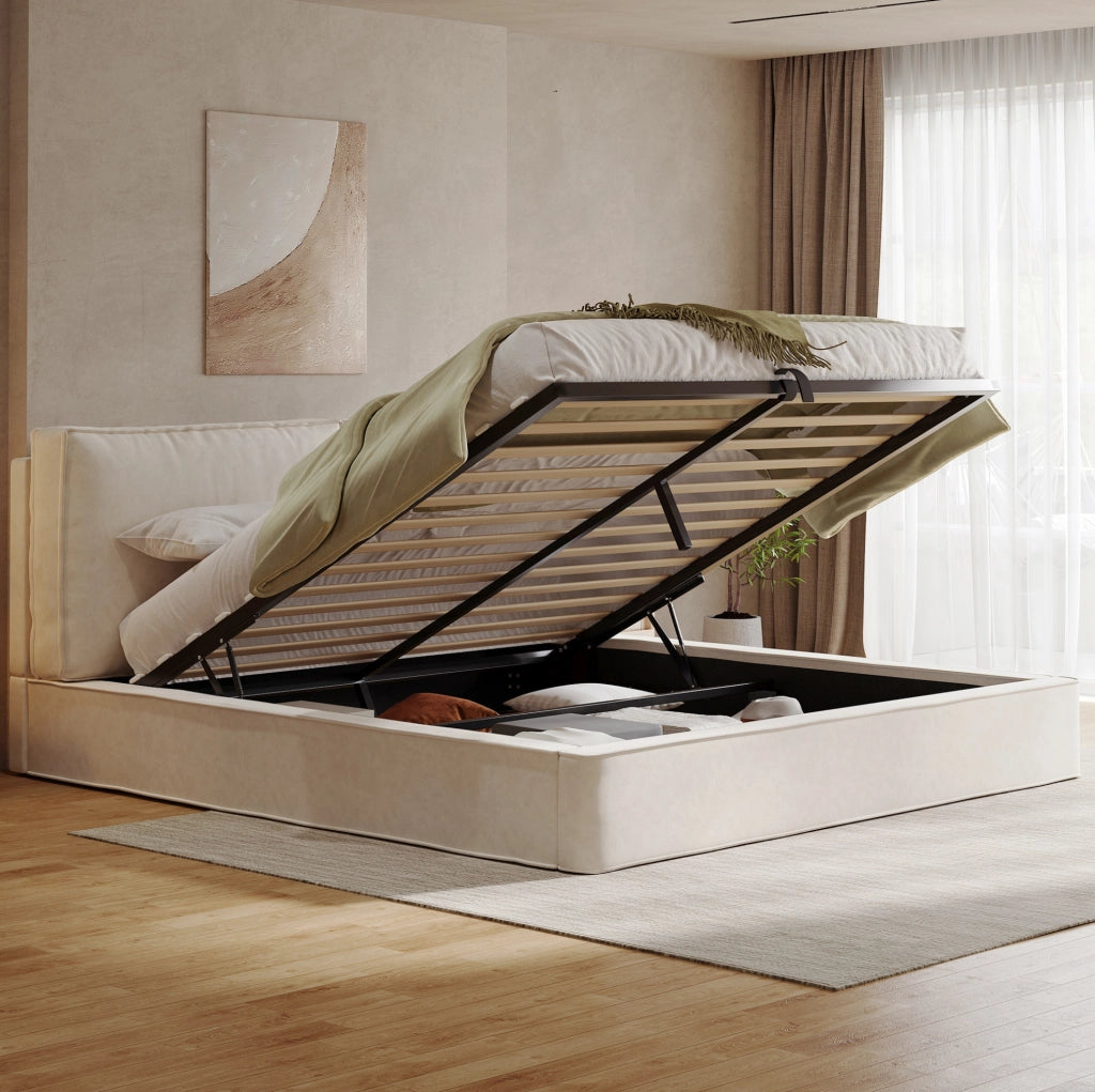Letto matrimoniale 160x200 cm in chenille beige con contenitore idraulico e testiera imbottita