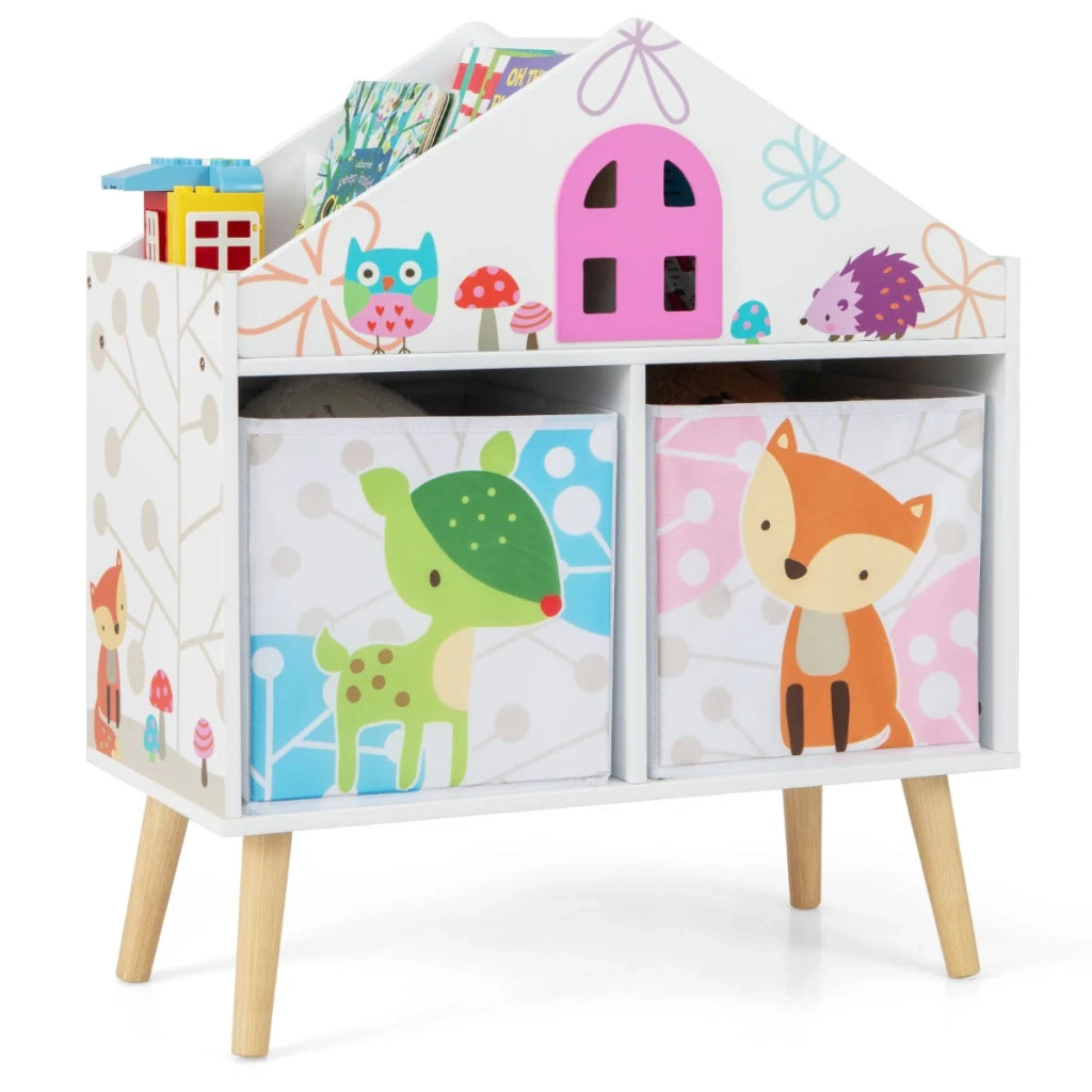 Libreria per bambini a forma di casa 62 x 30 x 72 cm con 4 ripiani e 2 contenitori estraibili stile colorato MDF bianco 20_0020515