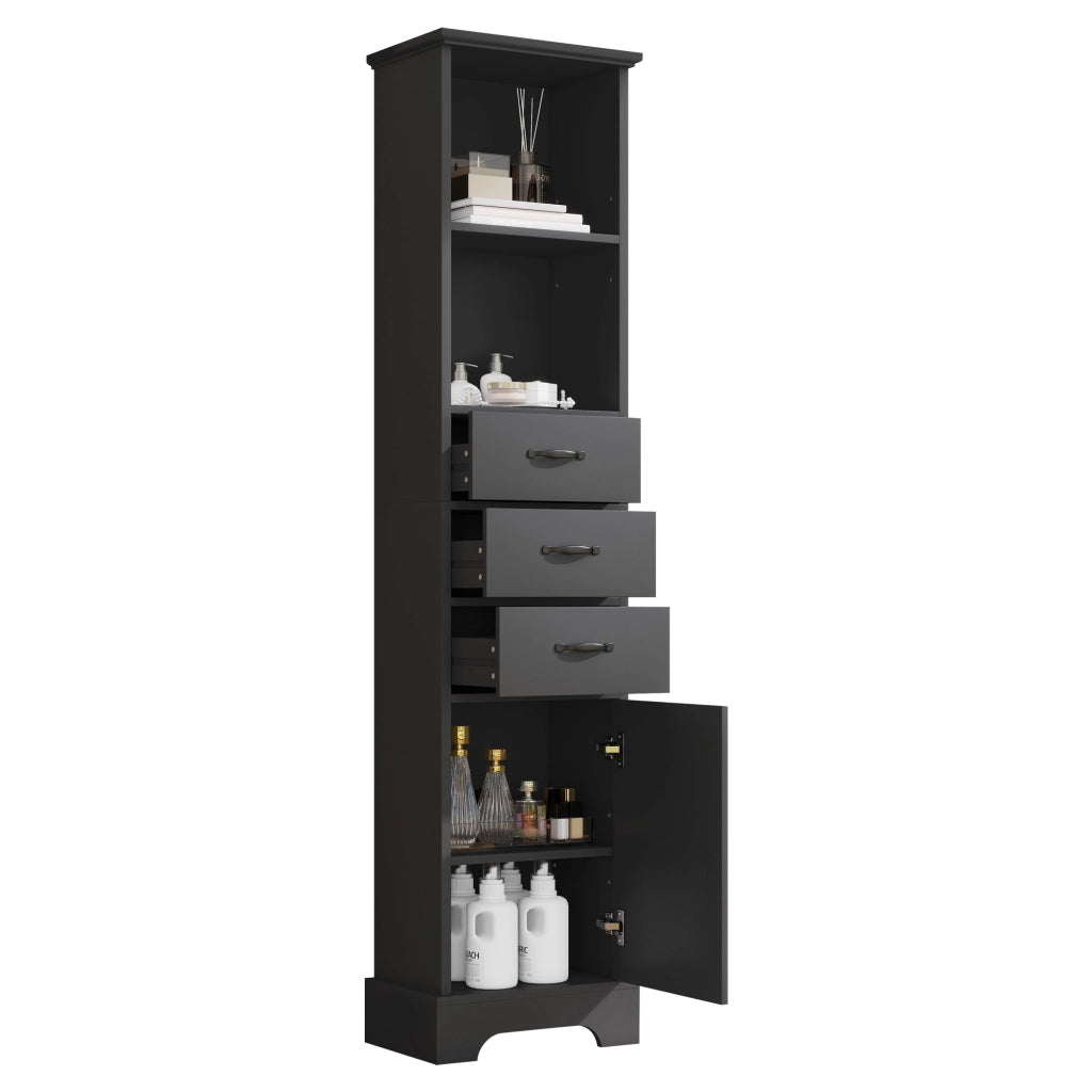 Mobile bagno alto 38 x 26 x 172,5 cm in MDF nero, con 3 cassetti, ripiani aperti e anta, finitura laccata resistente all¡¯umidit¨¤