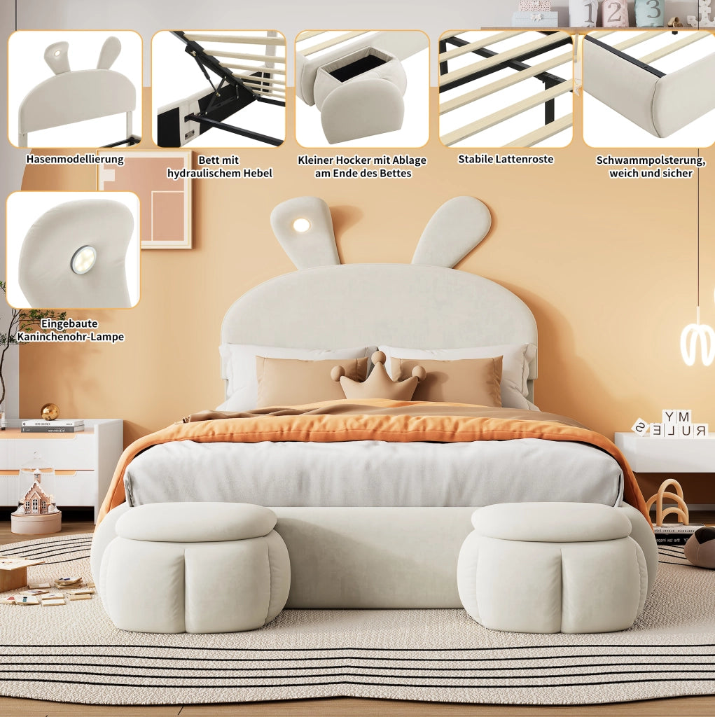 Letto imbottito con LED e contenitore beige 140x200 cm