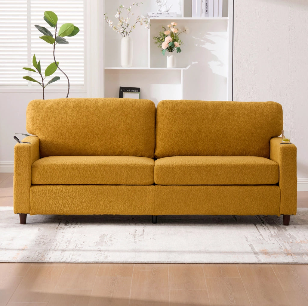 Divano a 2 posti in chenille con USB-C; LED; portabicchieri e tasche laterali; 203 cm; giallo senape