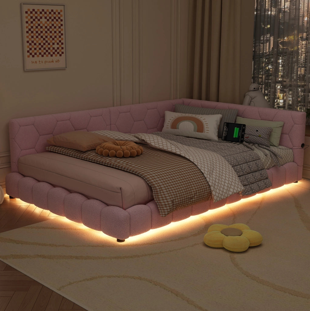 Daybed 140x200 cm rosa con LED, USB/Type-C e rete a doghe