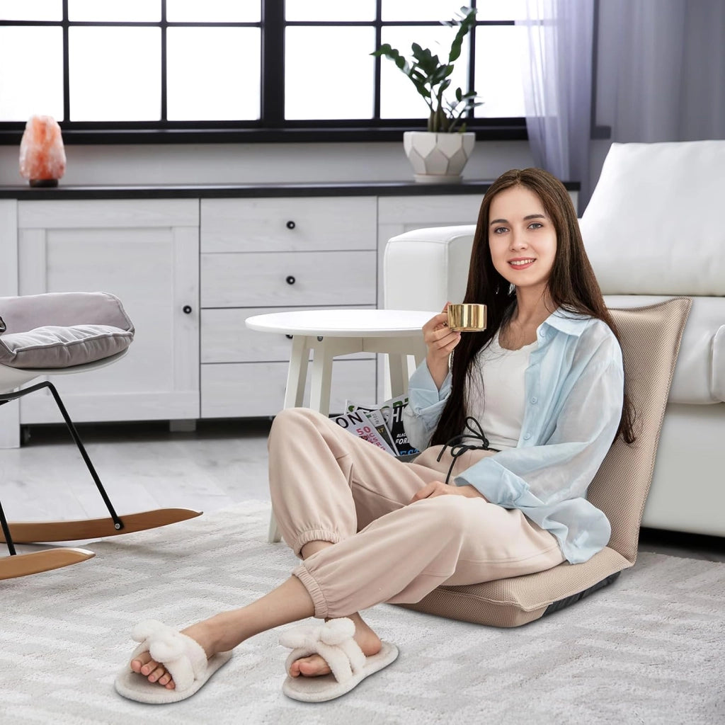 Sedia da Pavimento, con Schienale Regolabile a 6 Livelli, Cuscino da Terra Pighevole Imbottito in Spugna, Sedia Reclinabile per Salotto Camera da Letto Studio Relax Lettura (Beige)