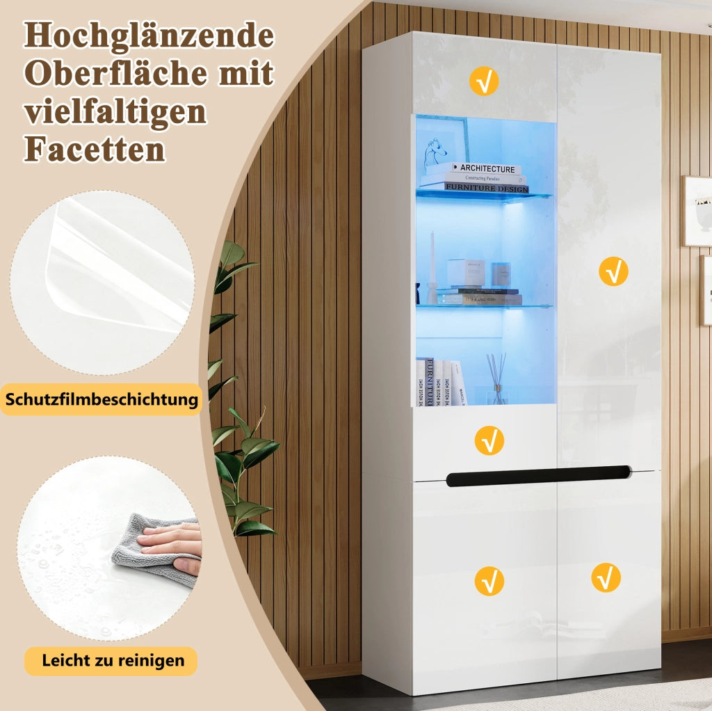 Vetrina verticale 80x35x180 cm con 4 ante; LED Bluetooth e ripiani in vetro regolabili; MDF bianco