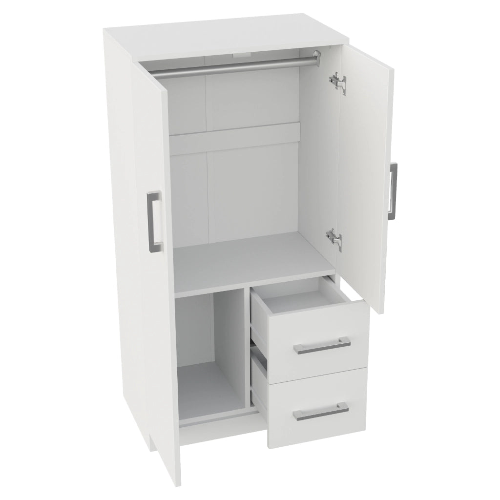 Armadio con 2 ante e 2 cassetti, vano contenitore, per camera da letto, bambini e ragazzi, in legno, bianco, 70 × 40 × 135 cm