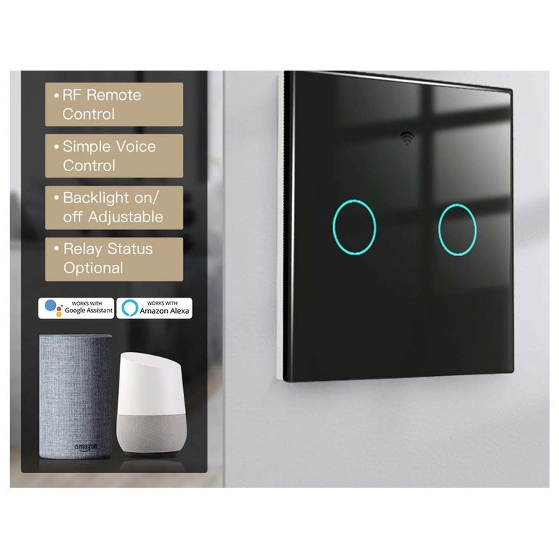 Interruttore Wifi Da Parete 86X86 Pannello Touch 2 Tasti Colore Nero WiFi + RF 433 Compatibile con Amazon Alexa e Google Home