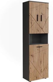 Mobili alti Irma, Antracite/Artisan, 50 x 172 cm con 3 porte, con cesto della biancheria integrato per la separazione dei tipi di bucato