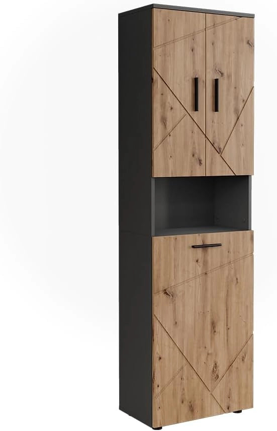 Mobili alti Irma, Antracite/Artisan, 50 x 172 cm con 3 porte, con cesto della biancheria integrato per la separazione dei tipi di bucato