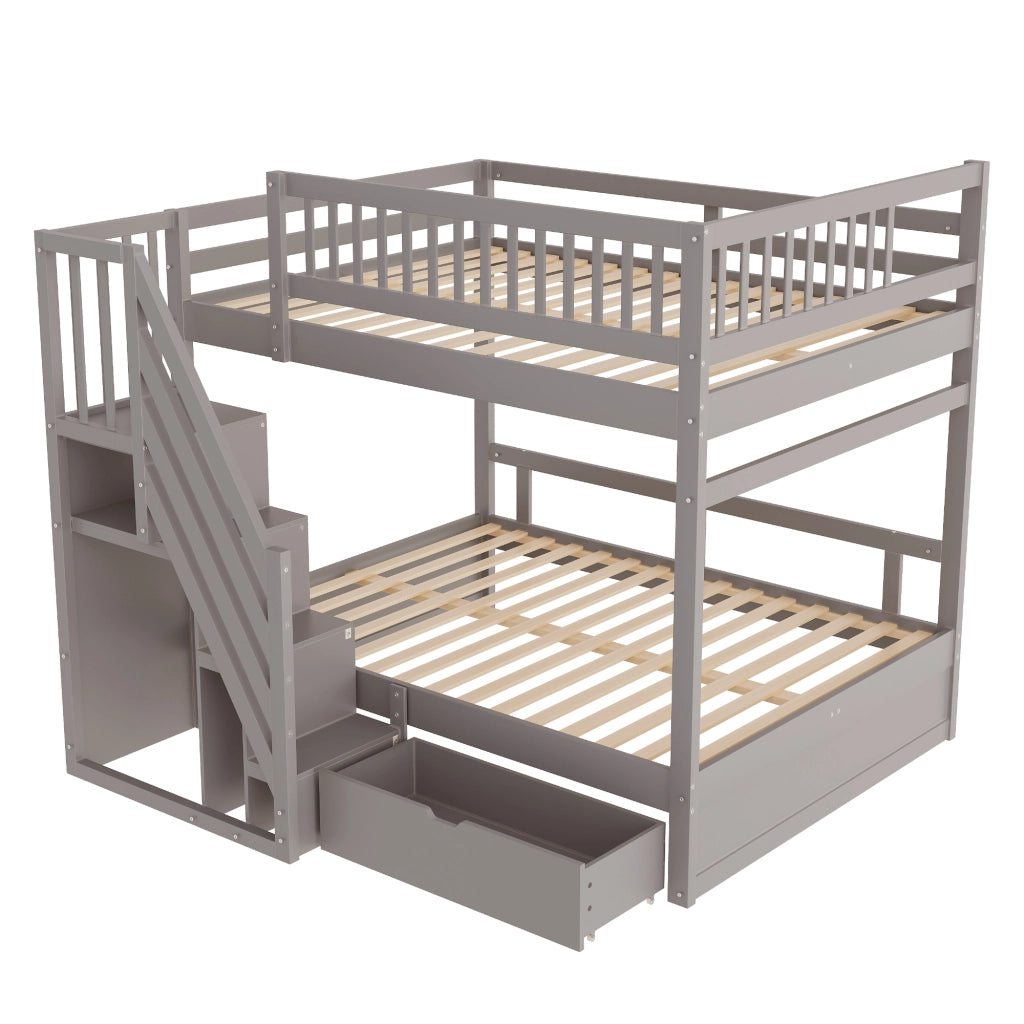 Letto a castello 2 posti con scala contenitore; 1 cassetto; sponde; senza materasso; legno grigio