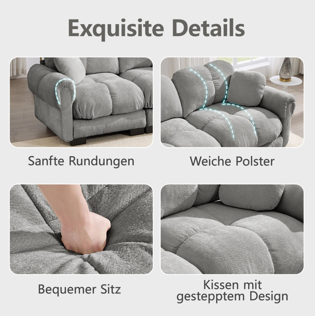 Divano a 3 posti a forma di U in tessuto Chenille grigio chiaro con ottomana mobile e 2 cuscini decorativi