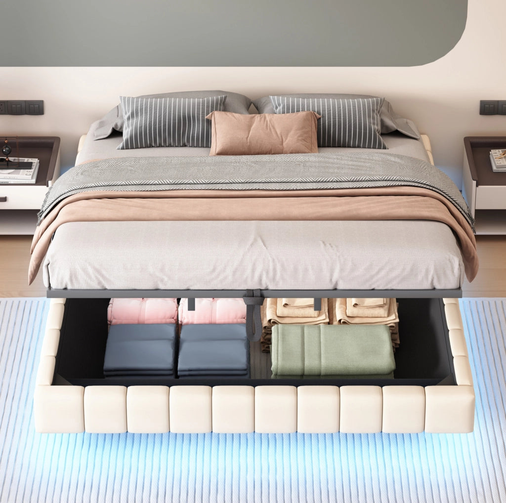 Letto imbottito 180x200 cm beige con contenitore, LED e senza testiera