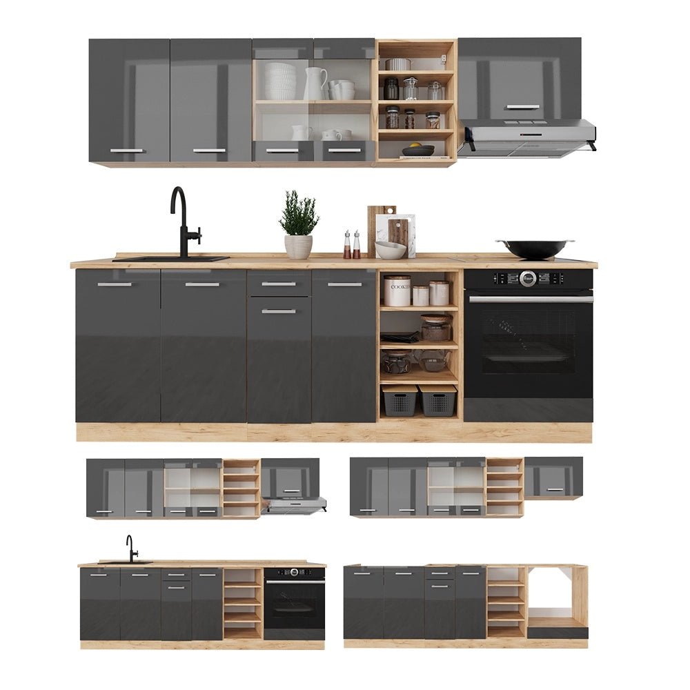 Cucina componibile R-Line Antracite lucido/Rovere dorato 240 cm, PL Rovere Vicco
