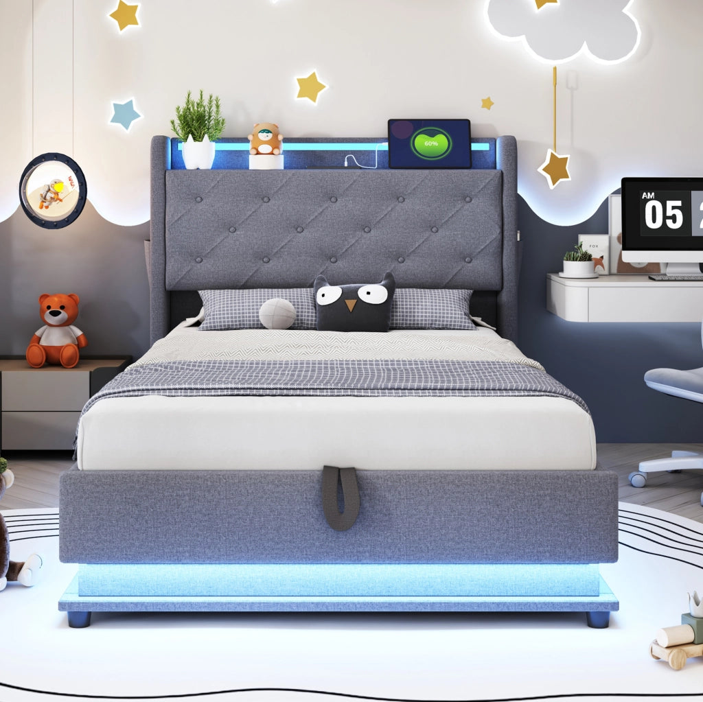 Letto imbottito 90x200 cm con LED e USB; contenitore idraulico; tessuto in lino; grigio